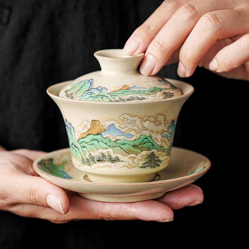Buddha Stones A Panorama of Rivers and Mountains Flowers Ceramic Gaiwan Sancai Teacup Kung Fu Tea Cup And Saucer With Lid - A Panorama of Rivers and Mountains 12cm*9cm*100ml - image 0