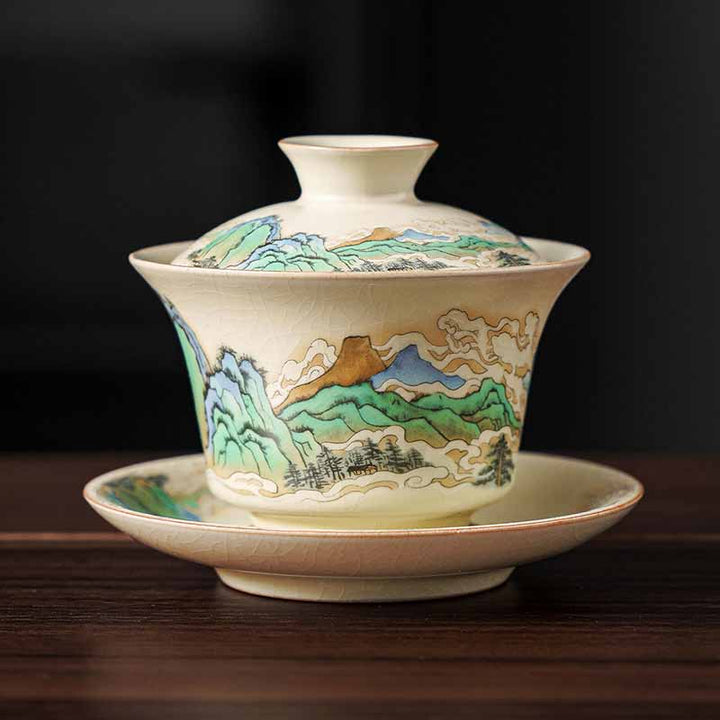 Buddha Stones A Panorama of Rivers and Mountains Flowers Ceramic Gaiwan Sancai Teacup Kung Fu Tea Cup And Saucer With Lid - image 1