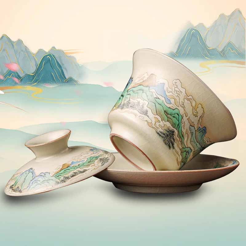 Buddha Stones A Panorama of Rivers and Mountains Flowers Ceramic Gaiwan Sancai Teacup Kung Fu Tea Cup And Saucer With Lid - image 5