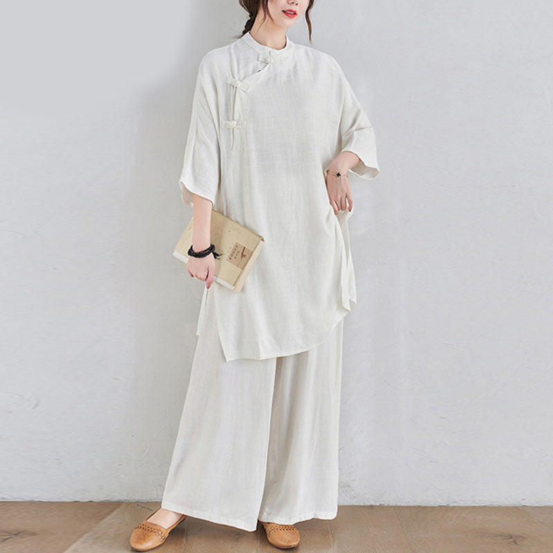 Buddha Stones 2Pcs Plain Design Zen Tai Chi Meditation Clothing Cotton Linen Top Pants Women's Set - White(Top&Pants) - US12，UK/AU16，EU44 (2XL) - image 13