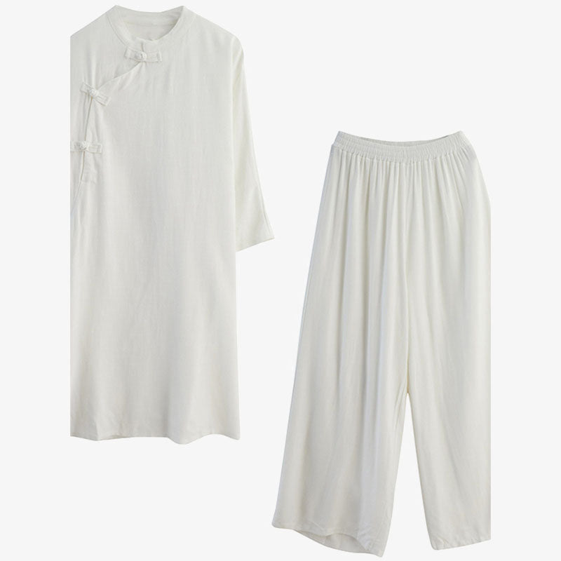 Buddha Stones 2Pcs Plain Design Zen Tai Chi Meditation Clothing Cotton Linen Top Pants Women's Set - image 18