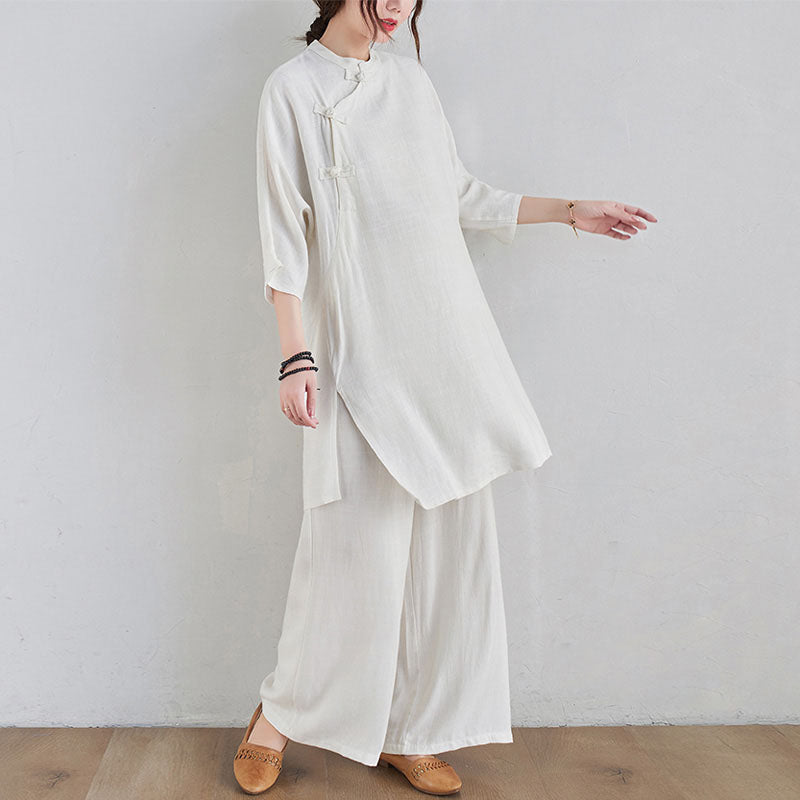 Buddha Stones 2Pcs Plain Design Zen Tai Chi Meditation Clothing Cotton Linen Top Pants Women's Set - image 14