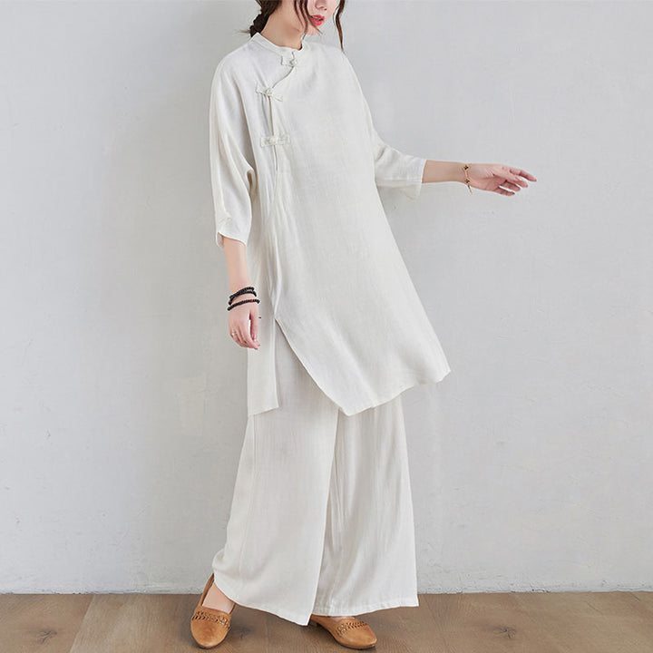 Buddha Stones 2Pcs Plain Design Zen Tai Chi Meditation Clothing Cotton Linen Top Pants Women's Set - image 14