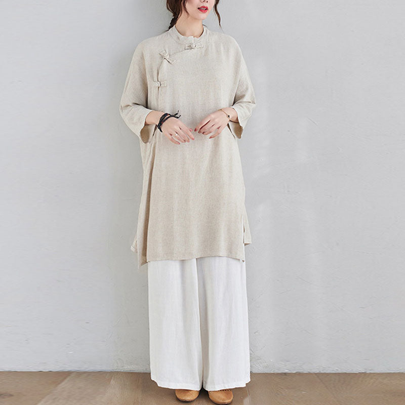 Buddha Stones 2Pcs Plain Design Zen Tai Chi Meditation Clothing Cotton Linen Top Pants Women's Set - image 1