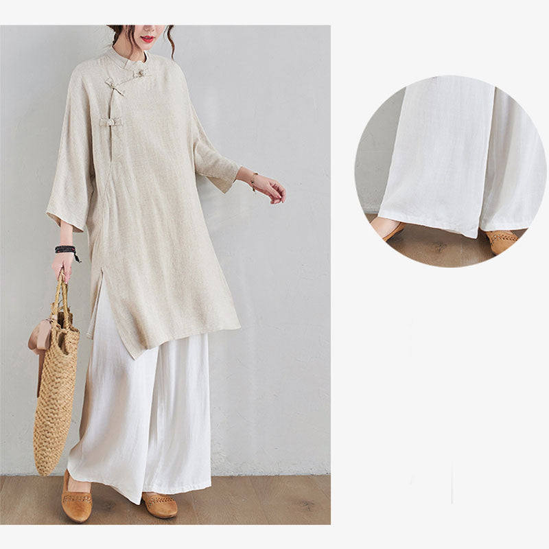 Buddha Stones 2Pcs Plain Design Zen Tai Chi Meditation Clothing Cotton Linen Top Pants Women's Set - image 9