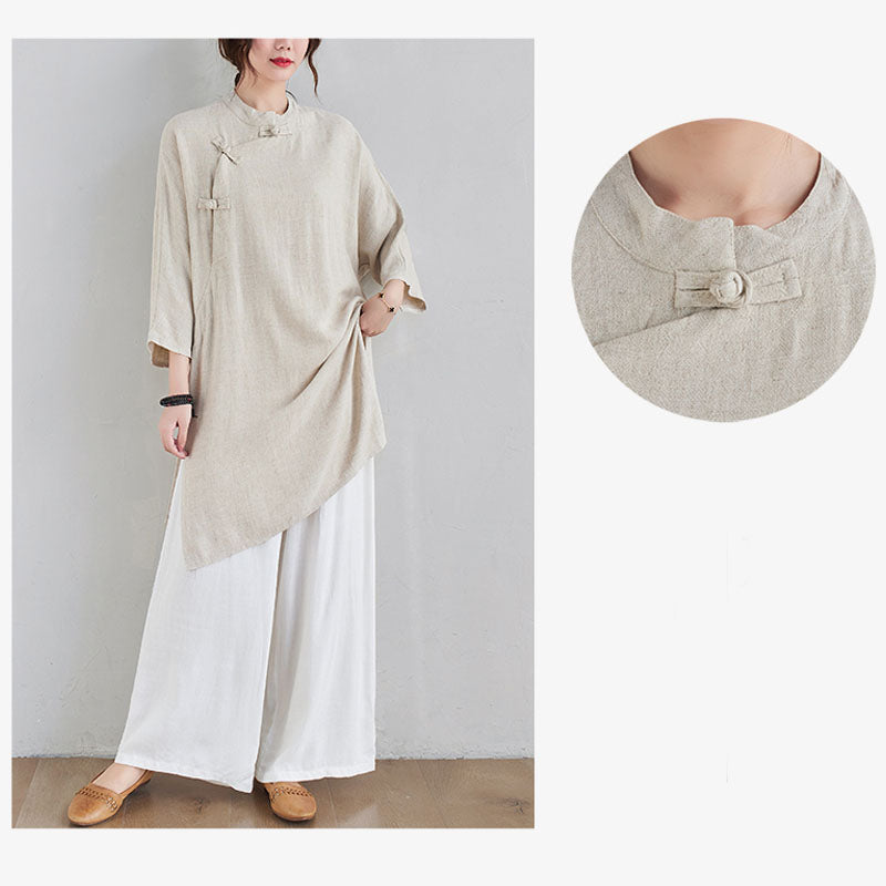Buddha Stones 2Pcs Plain Design Zen Tai Chi Meditation Clothing Cotton Linen Top Pants Women's Set - image 8