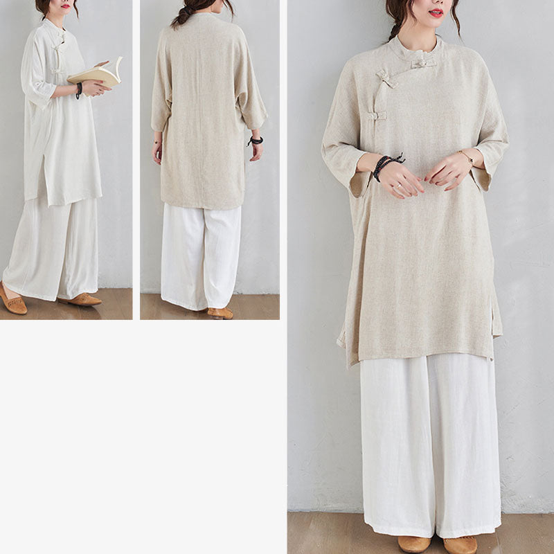 Buddha Stones 2Pcs Plain Design Zen Tai Chi Meditation Clothing Cotton Linen Top Pants Women's Set - image 12