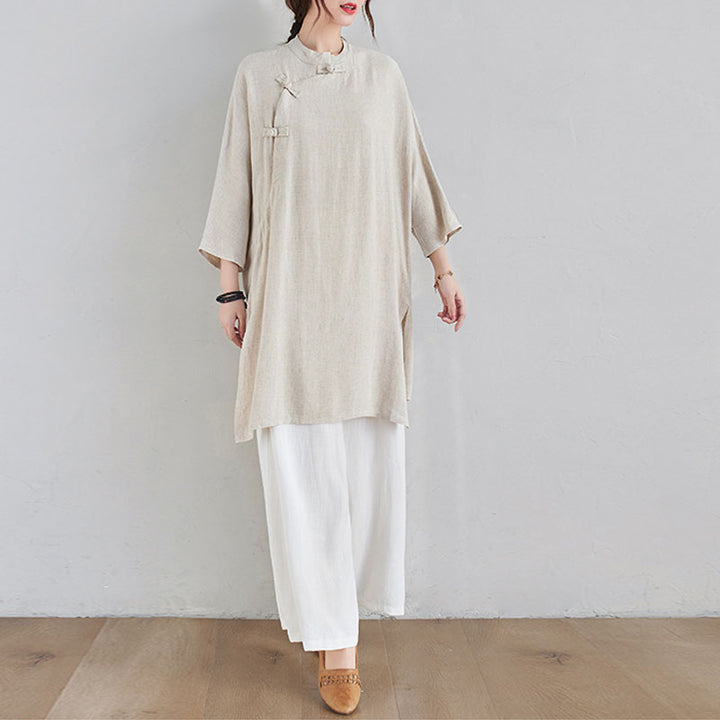 Buddha Stones 2Pcs Plain Design Zen Tai Chi Meditation Clothing Cotton Linen Top Pants Women's Set - image 2
