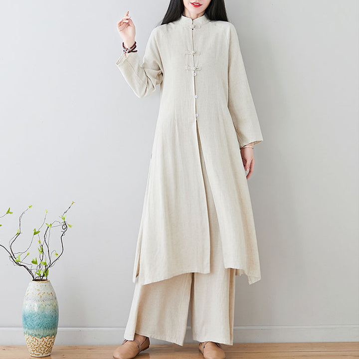 Buddha Stones 2Pcs Chinese Frog Button Design Zen Tai Chi Meditation Clothing Top Pants Women's Set - Beige(Top&Pants)-US8-10，UK/AU12-14，EU40-42 (2XL) - image 0