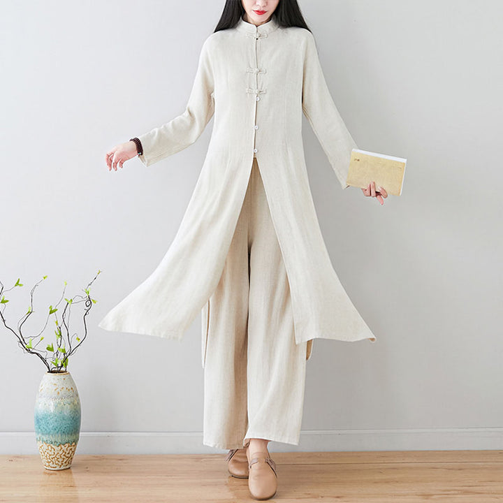 Buddha Stones 2Pcs Chinese Frog Button Design Zen Tai Chi Meditation Clothing Cotton Linen Top Pants Women's Set - image 1