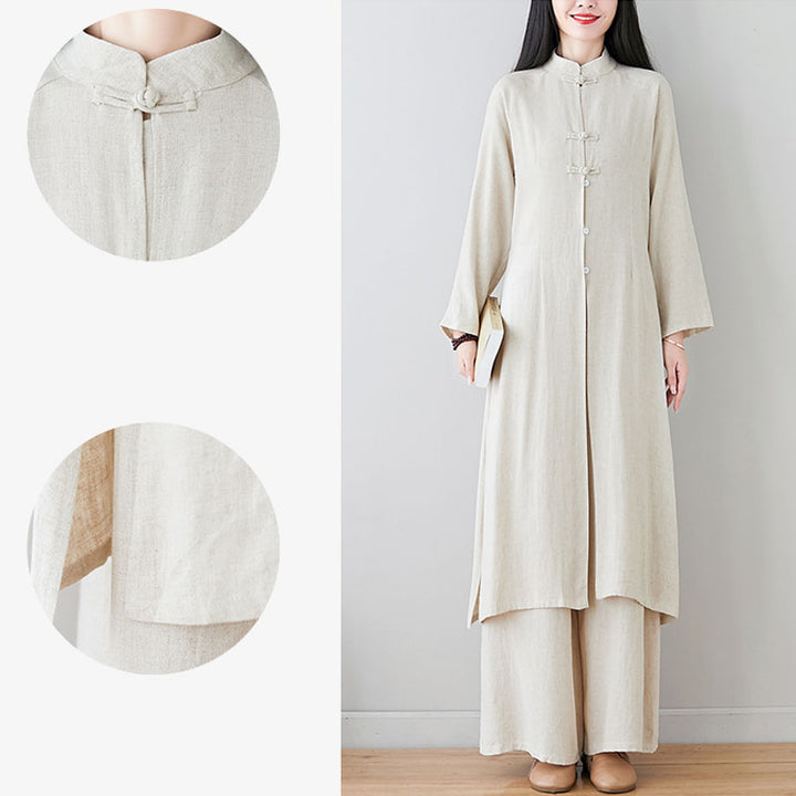 Buddha Stones 2Pcs Chinese Frog Button Design Zen Tai Chi Meditation Clothing Cotton Linen Top Pants Women's Set - image 16