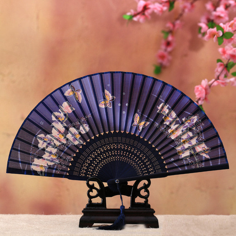 Buddha Stones Cherry Blossom Lily Butterfly Bamboo Handheld Bamboo Folding Fan 21cm - Blue Large Butterfly 21cm - image 2