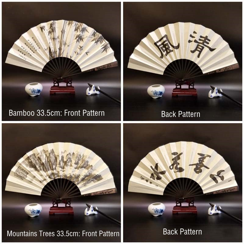 Buddha Stones Great Wall Mountains Trees Crane Bamboo Handheld Bamboo Folding Fan 33.5cm