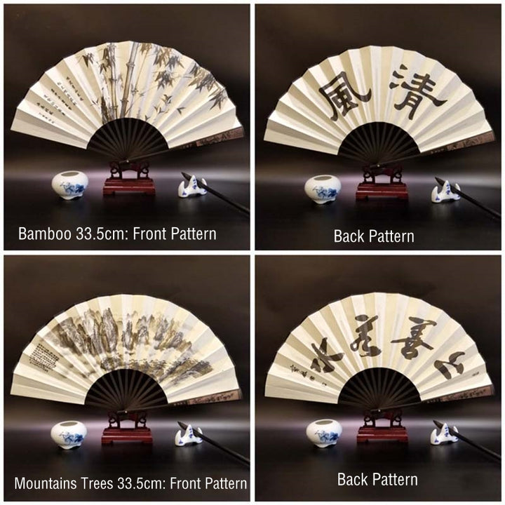 Buddha Stones Great Wall Mountains Trees Crane Bamboo Handheld Bamboo Folding Fan 33.5cm