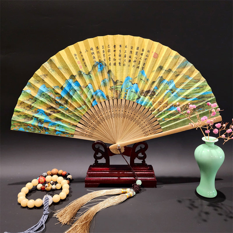 Buddha Stones A Panorama Of Rivers And Mountains Cranes Orchid Flower Paper Bamboo Handheld Silk Bamboo Folding Fan 22cm - A Panorama Of Rivers And Mountains 22cm - image 1