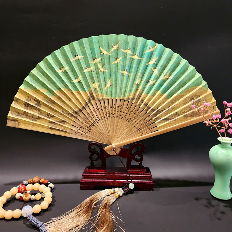 Buddha Stones A Panorama Of Rivers And Mountains Cranes Orchid Flower Paper Bamboo Handheld Silk Bamboo Folding Fan 22cm - Auspicious Cranes 22cm - image 3