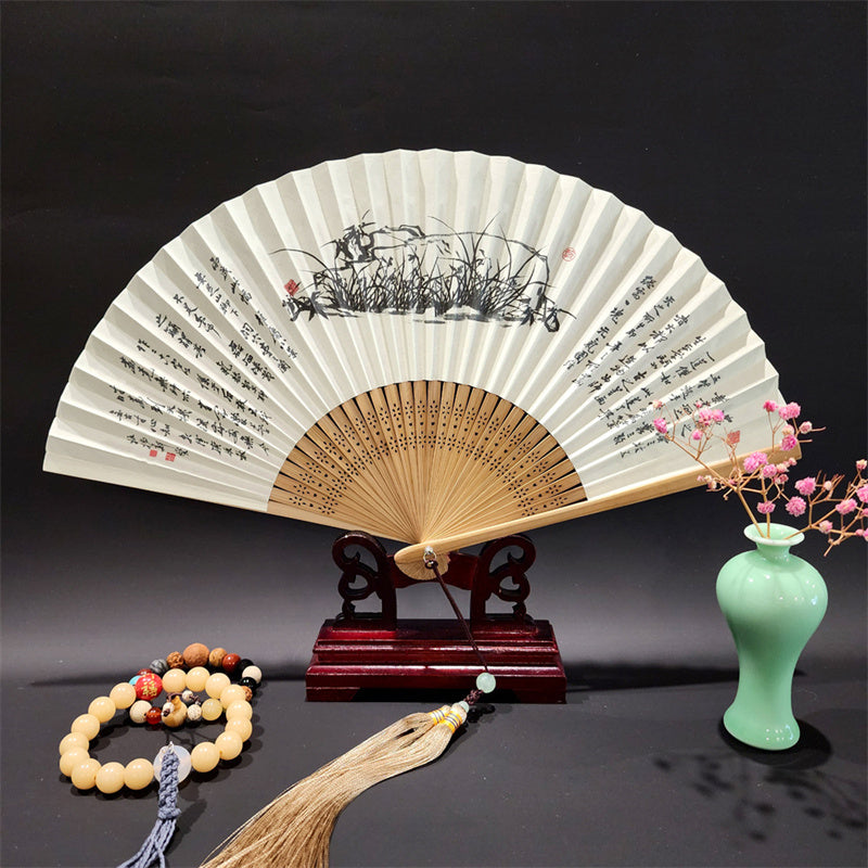 Buddha Stones A Panorama Of Rivers And Mountains Cranes Orchid Flower Paper Bamboo Handheld Silk Bamboo Folding Fan 22cm - Orchid 22cm - image 4
