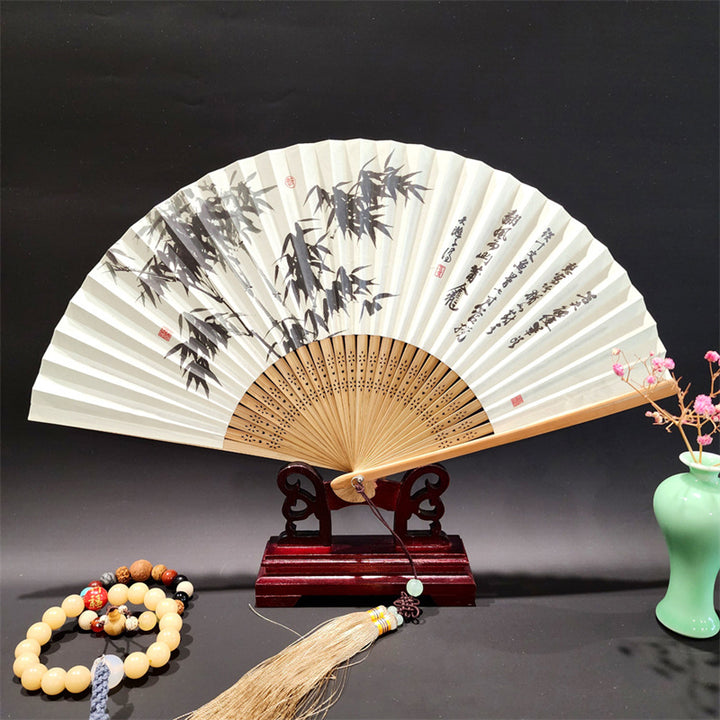 Buddha Stones A Panorama Of Rivers And Mountains Cranes Orchid Flower Paper Bamboo Handheld Silk Bamboo Folding Fan 22cm - Bamboo Leaves 22cm - image 9