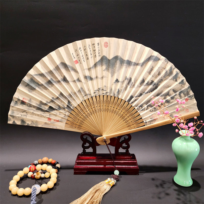 Buddha Stones A Panorama Of Rivers And Mountains Cranes Orchid Flower Paper Bamboo Handheld Silk Bamboo Folding Fan 22cm - Mountains Clouds 22cm - image 10