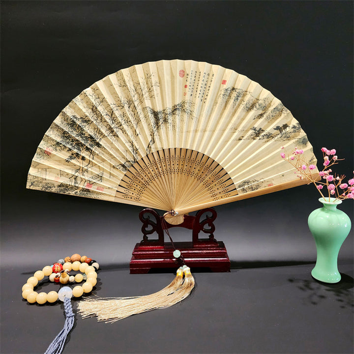Buddha Stones A Panorama Of Rivers And Mountains Cranes Orchid Flower Paper Bamboo Handheld Silk Bamboo Folding Fan 22cm - Mountains Trees 22cm - image 11