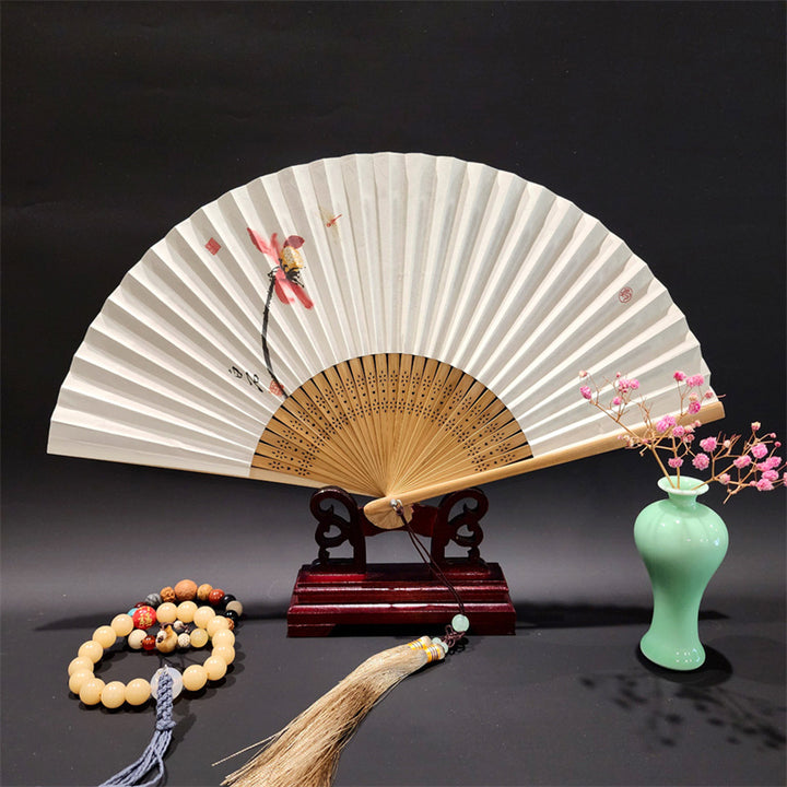 Buddha Stones A Panorama Of Rivers And Mountains Cranes Orchid Flower Paper Bamboo Handheld Silk Bamboo Folding Fan 22cm - Red Lotus 22cm - image 12