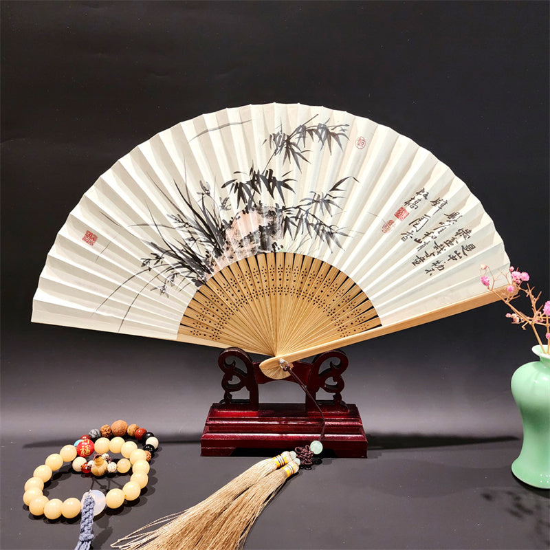 Buddha Stones A Panorama Of Rivers And Mountains Cranes Orchid Flower Paper Bamboo Handheld Silk Bamboo Folding Fan 22cm - Bamboo Grass 22cm - image 13