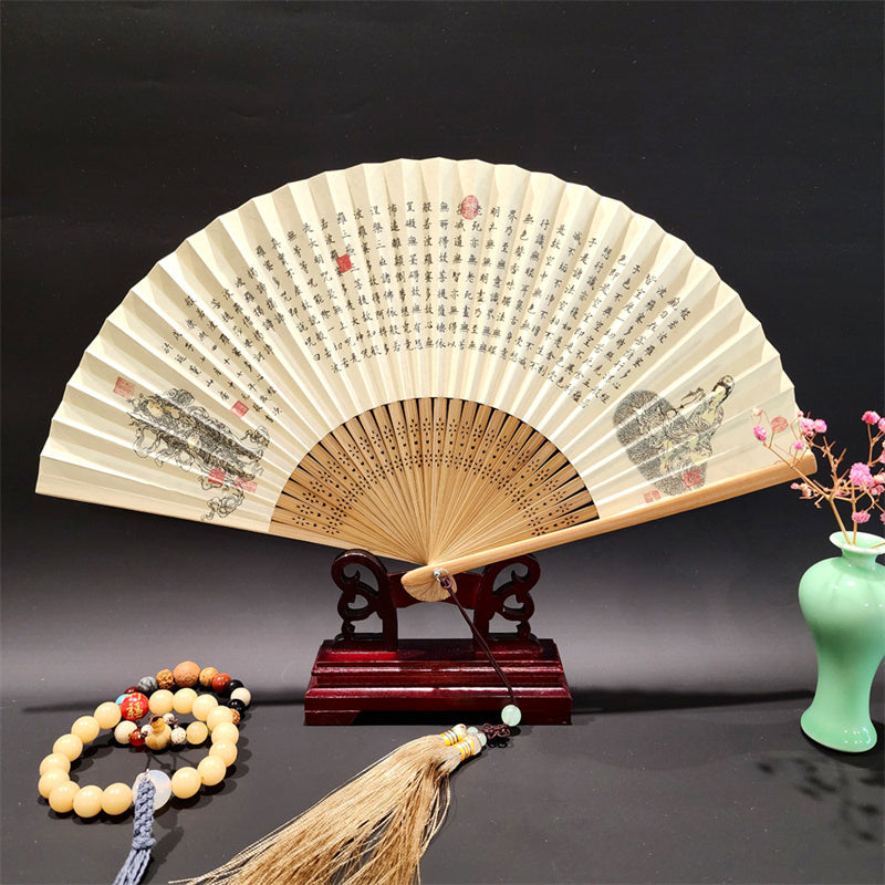 Buddha Stones A Panorama Of Rivers And Mountains Cranes Orchid Flower Paper Bamboo Handheld Silk Bamboo Folding Fan 22cm - Heart Sutra 22cm - image 14