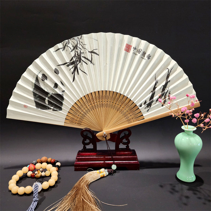 Buddha Stones A Panorama Of Rivers And Mountains Cranes Orchid Flower Paper Bamboo Handheld Silk Bamboo Folding Fan 22cm - Panda 22cm - image 15