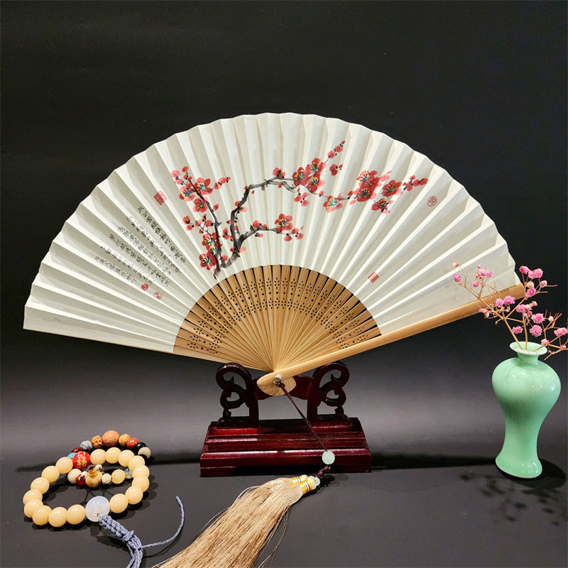 Buddha Stones A Panorama Of Rivers And Mountains Cranes Orchid Flower Paper Bamboo Handheld Silk Bamboo Folding Fan 22cm - Red Flowers 22cm - image 16