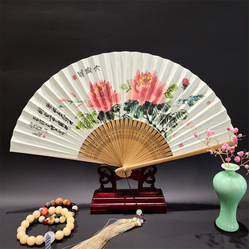 Buddha Stones A Panorama Of Rivers And Mountains Cranes Orchid Flower Paper Bamboo Handheld Silk Bamboo Folding Fan 22cm - Peony Flower 22cm - image 17