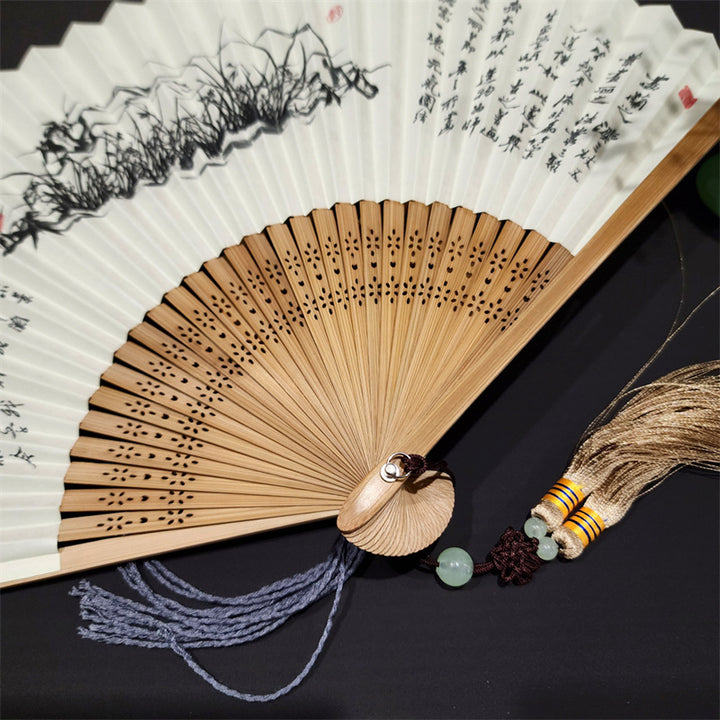 Buddha Stones A Panorama Of Rivers And Mountains Cranes Orchid Flower Paper Bamboo Handheld Silk Bamboo Folding Fan 22cm - image 5