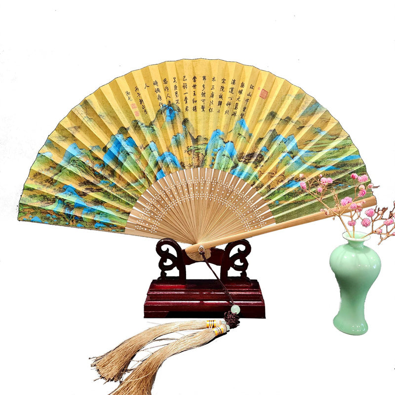 Buddha Stones A Panorama Of Rivers And Mountains Cranes Orchid Flower Paper Bamboo Handheld Silk Bamboo Folding Fan 22cm - image 2
