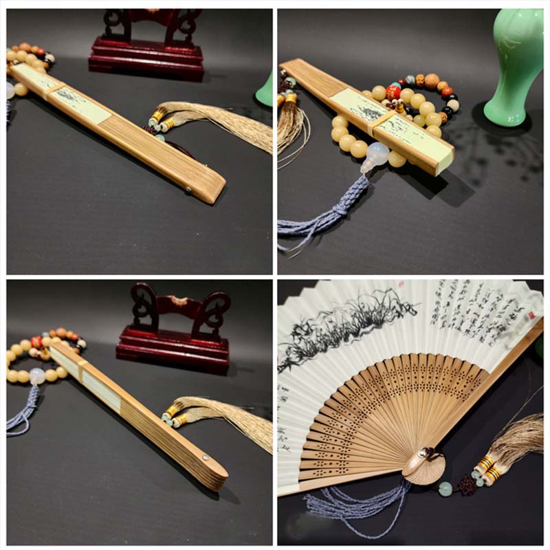 Buddha Stones A Panorama Of Rivers And Mountains Cranes Orchid Flower Paper Bamboo Handheld Silk Bamboo Folding Fan 22cm - image 8