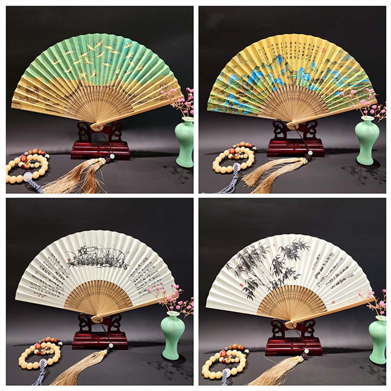 Buddha Stones A Panorama Of Rivers And Mountains Cranes Orchid Flower Paper Bamboo Handheld Silk Bamboo Folding Fan 22cm - image 20