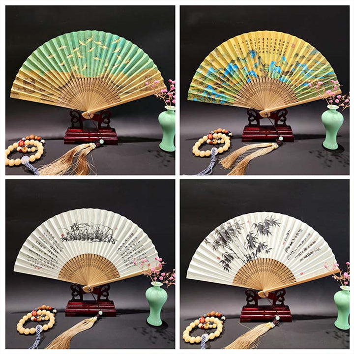Buddha Stones A Panorama Of Rivers And Mountains Cranes Orchid Flower Paper Bamboo Handheld Silk Bamboo Folding Fan 22cm - image 20
