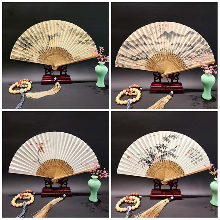 Buddha Stones A Panorama Of Rivers And Mountains Cranes Orchid Flower Paper Bamboo Handheld Silk Bamboo Folding Fan 22cm - image 19