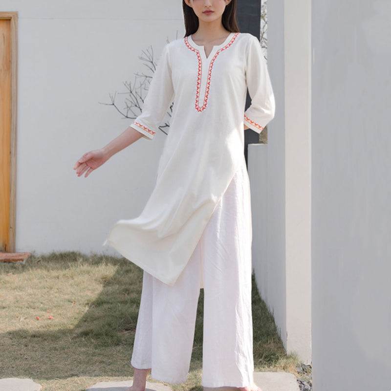 Buddha Stones 2Pcs V-neck Embroidery Yoga Clothing Zen Meditation Cotton Linen Top Pants Women's Set - White(Top&Pants) - US12，UK/AU16，EU44 (2XL)  - image 0