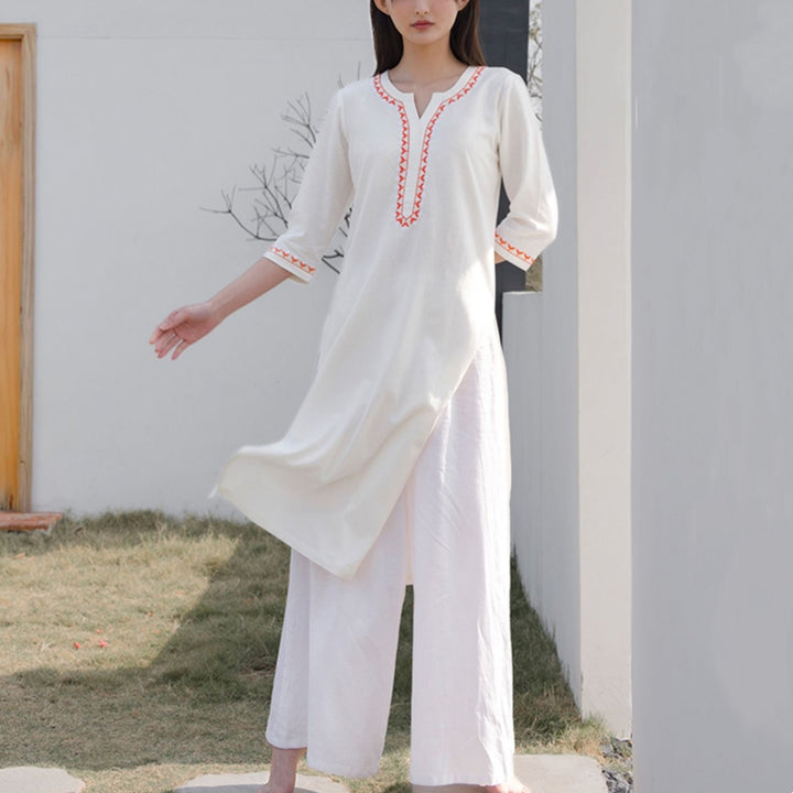 Buddha Stones 2Pcs V-neck Embroidery Yoga Clothing Zen Meditation Cotton Linen Top Pants Women's Set - White(Top&Pants) - US12，UK/AU16，EU44 (2XL)  - image 0