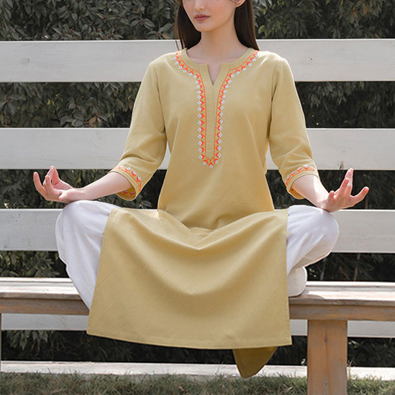 Buddha Stones 2Pcs V-neck Embroidery Yoga Clothing Zen Meditation Cotton Linen Top Pants Women's Set - Yellow Top&White Pants - US12，UK/AU16，EU44 (2XL)  - image 13