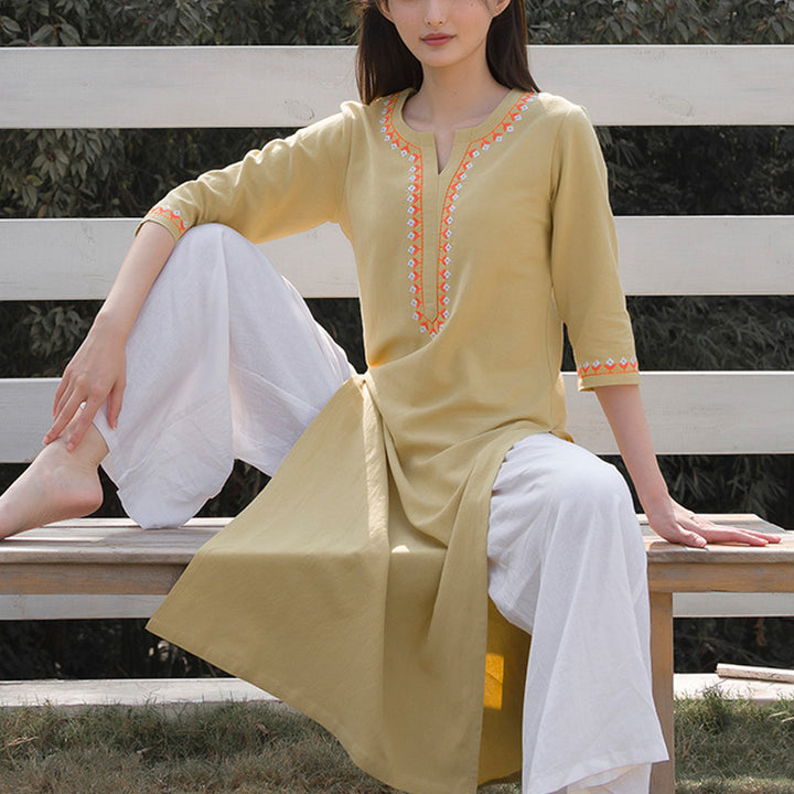 Buddha Stones 2Pcs V-neck Embroidery Yoga Clothing Zen Meditation Cotton Linen Top Pants Women's Set - image 14