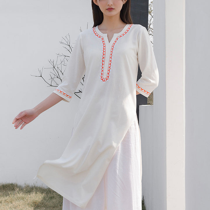 Buddha Stones 2Pcs V-neck Embroidery Yoga Clothing Zen Meditation Cotton Linen Top Pants Women's Set - image 1