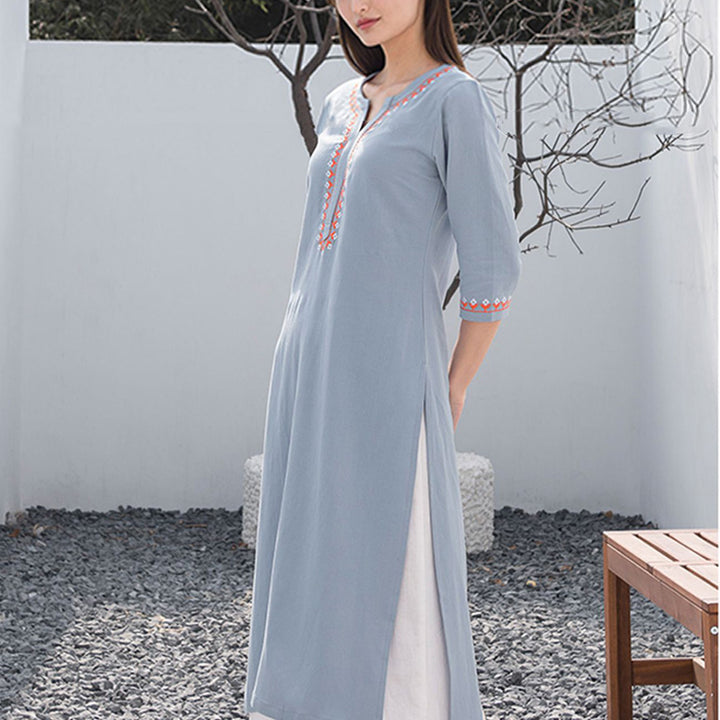 Buddha Stones 2Pcs V-neck Embroidery Yoga Clothing Zen Meditation Cotton Linen Top Pants Women's Set - image 6