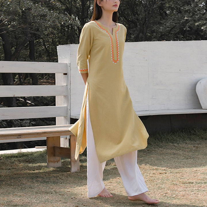 Buddha Stones 2Pcs V-neck Embroidery Yoga Clothing Zen Meditation Cotton Linen Top Pants Women's Set - image 15