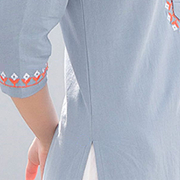 Buddha Stones 2Pcs V-neck Embroidery Yoga Clothing Zen Meditation Cotton Linen Top Pants Women's Set - image 10
