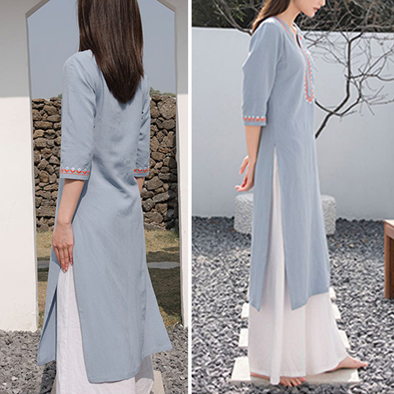 Buddha Stones 2Pcs V-neck Embroidery Yoga Clothing Zen Meditation Cotton Linen Top Pants Women's Set - image 12