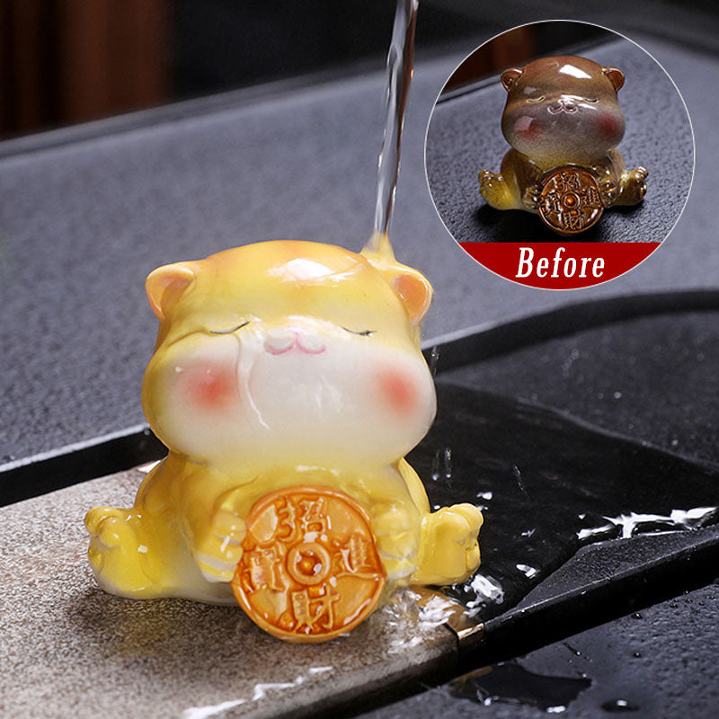 Buddha Stones Color Changing Cute Mini Cat Resin Tea Pet Wealth Home Figurine Decoration - Yellow Cat - 6.2*5.9*5.1cm - image 0