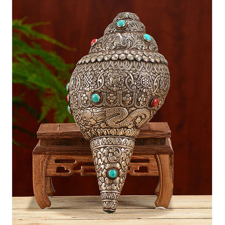 Tibetan Handmade Natural Shankha Engraved Eight Auspicious Symbols Conch Shell Lucky Home Decoration