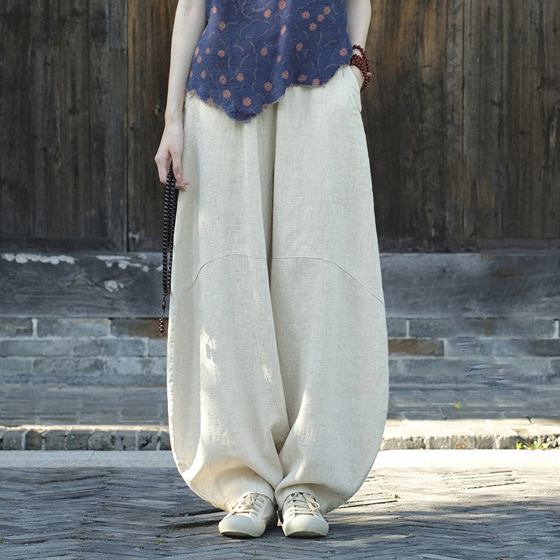 Buddha Stones Cotton Linen Pants Harem Trousers Loose Zen Yoga Tai Chi Women's Pants - Beige(Fleece Lined) - US8-10，UK/AU12-14，EU40-42 (L)  - image 0