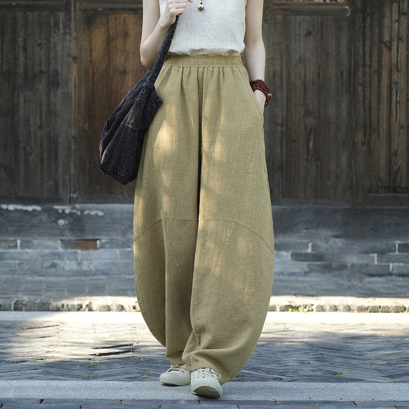 Buddha Stones Cotton Linen Pants Harem Trousers Loose Zen Yoga Tai Chi Women's Pants - Khaki(Fleece Lined) - US8-10，UK/AU12-14，EU40-42 (L)  - image 8