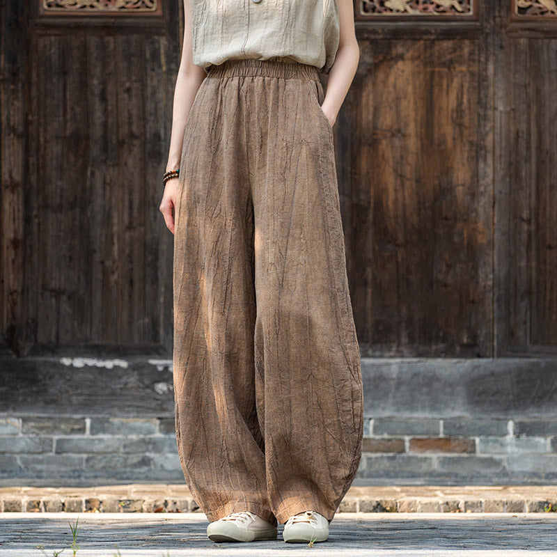 Buddha Stones Ramie Cotton Linen Pants Tie-dye Design Trousers Loose Zen Yoga Women's Pants with Pockets - Brown(Fleece Lined)) - US8-10，UK/AU12-14，EU40-42 (L)  - image 0